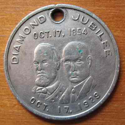 Coin, COmmemorative: Struck by Bigelow Lodge No. 243, Cleveland, Ohio. (1854 to 1994) for their Diamond Jubilee. 1 3/8" diameter medallion with a hole in it could be worn as a charm