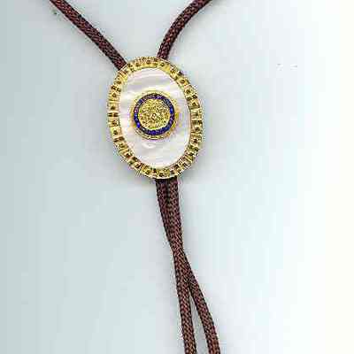 Jewelry: Bolo tie with 50 year pin. Gold color with white center and brown cord.