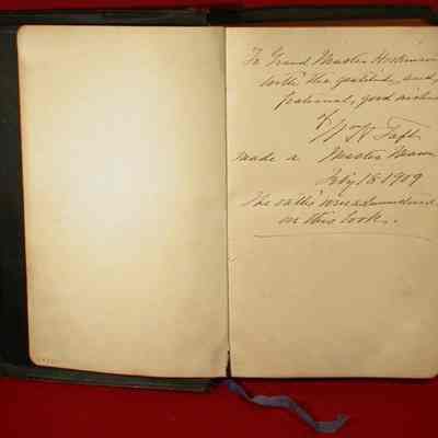 Book: Bible, the Oxford Self-Pronouncing Bible dated 1901. The bible on which William H. Taft took the obligation. Book mark 5/16" dark blue ribbon, page 1121. Size 6 1/2" x 8 1/2". Black coversigned by William H. Taft (second white page)