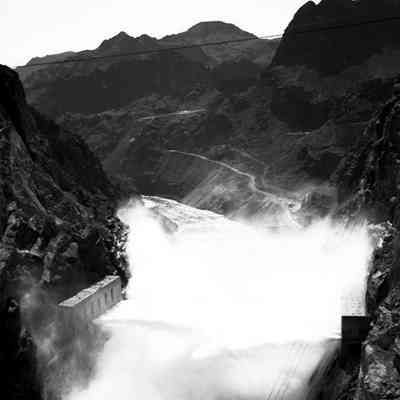 Hoover Dam. Overview of Dam with water spraying.