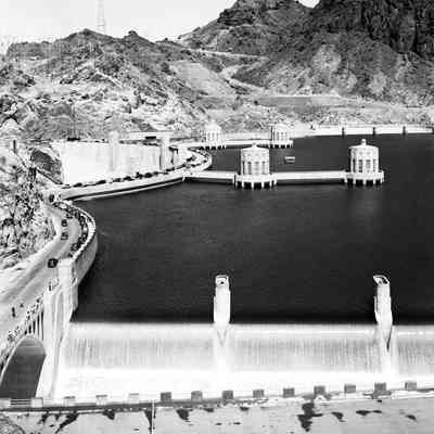 Hoover Dam. Water pouring over spillway.
