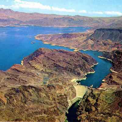 View of Hoover Dam with lake.
