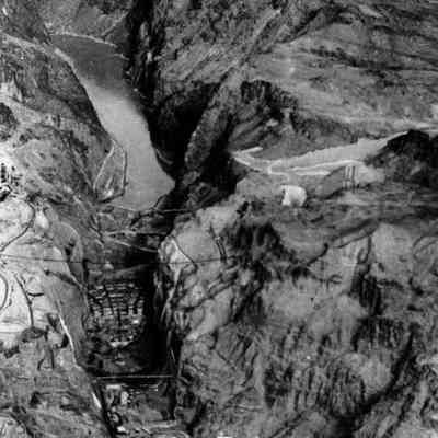 Hoover Dam. Aerial view during construction.
