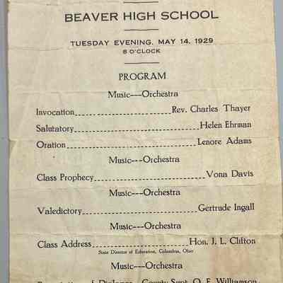 Beaver High School commencement program from May 14, 1929.