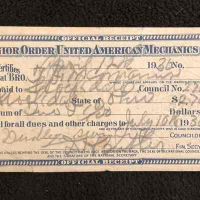 Junior Order of United American Mechanics Membershhip Receipt