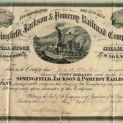 Springfield Jackson and Pomeroy Railroad Stock Certificate