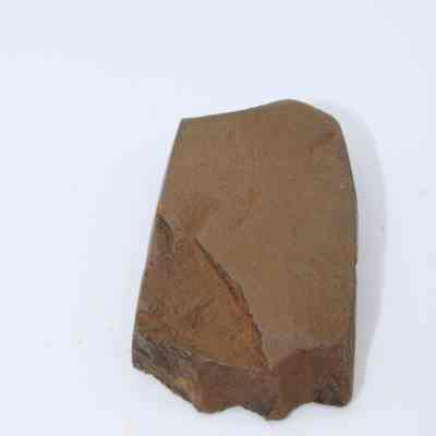 Close up of lengthwise view of a polished flake: The image displays a polished stone flake with smooth surfaces, resting on a white background, highlighting its texture and form.