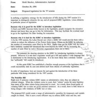 Memorandum to Keoni Fairbanks, Executive Director, from Heidi Meeker, Administrative Assitanct regarding Proposed legislation for the '97 session