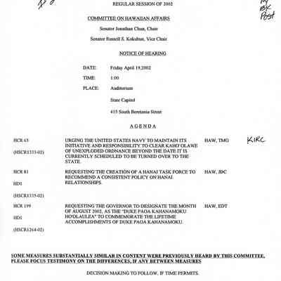 Notice of Hearing by the Committee on Hawaiian Affairs