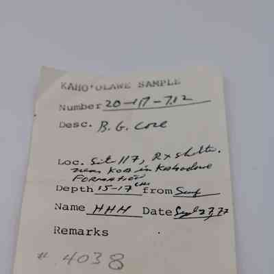 Artifact slip for basaltic glass core: The image shows an artifact slip labeled "Kaho’olawe Sample," detailing site, description, depth, date, and a remarks field.