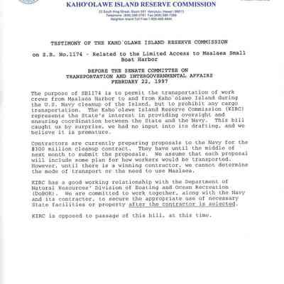 Testimony of the Kaho'olawe Island Reserve Commission on S.B. No. 1174-Related to the Limited Access to Maalaea Small Boat Harbor Before the Senate Committee on Transportation and Intergovernmental Affairs