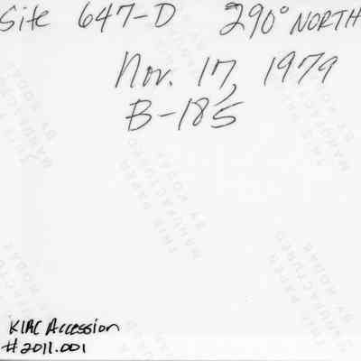 Back of habitation terrace photo (KIRC Object ID #2011.001.189): The image displays handwritten notes with details like "Site 647-D," "290° Northwest #5," "Nov. 17, 1979."