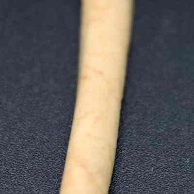 Lengthwise closeup of a bone pick: The image shows a single, elongated, pale object placed on a dark, textured background surface.