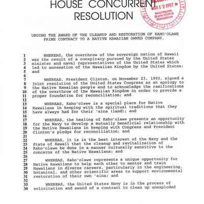House Concurrent Resolution (HCR) No. 139 Urging the Award of the Cleanup and Restoration of Kaho'olawe Prime Contract to a Native Hawaiian Owned Company