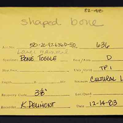 Artifact envelope for bone toggle part: The image shows a yellow envelope labeled "shaped bone," detailing an archaeological specimen identified as "bone toggle," found in the cultural layer of Site 636 Feature D.
