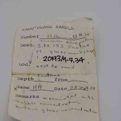 Artifact slip for adze preform: The artifact slip is labeled "Kaho'olawe Sample" and has handwritten notes detailing the sample’s description and location.