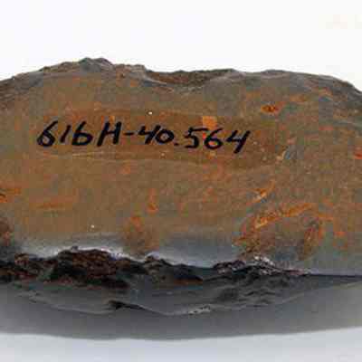 Basalt adze (ko'i) with alternate id number visible: The image shows a rough, ancient stone adze (ko'i) head with the number 616H-40.564 written on its surface, indicating cataloging number.