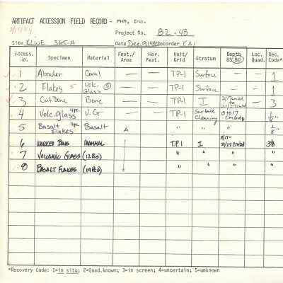 PDF/A version of the Artifact Accession Field Record for Site 365 Feature A: The image shows an artifact accession field record detailing various specimens, materials, and excavation data from Site KLWF 365-A.