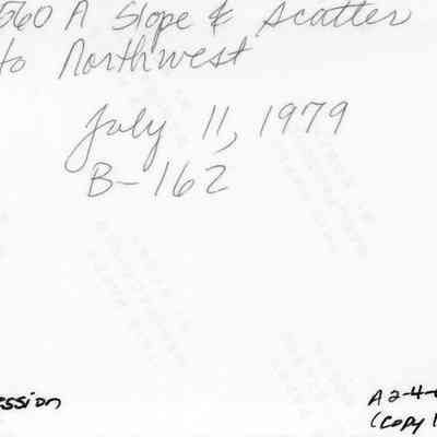 Back of photo of slope & scatter facing northwest at HaleoPapa (Site 560A): The image shows handwritten notes indicating Site 560, northwest direction, dated July 11, 1979, with various reference numbers including Site B-162.