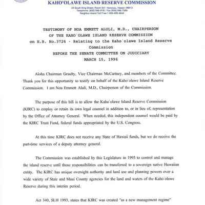 Testimony of Noa Emmett Aluli, M.D.; Chairperson of Kaho'olawe Island Reserve Commission on H.B. No. 3724, Relating to the Kaho'olawe Island Reserve Commission Before the Senate Committee on Judiciary