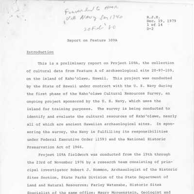 PDF of report on Feature 109A: The image shows a report page on Project 109A, detailing archaeological studies on Kaho'olawe, Hawaii, conducted under U.S. Navy contract.