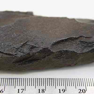 Profile view of adze fragment with a ruler: The image shows a dark, adze fragment placed on a white surface alongside a ruler for scale, measuring approximately 7 centimeters long.