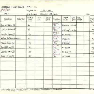 Artifact Accession Field Record-Site 121F-pg 3: The image shows an artifact accession field record detailing specimens, materials, stratum, depths, and recovery codes from a recorded archaeological project.