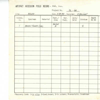 Artifact Accession Field Record for Ahupu: The image shows an artifact accession field record form from PHR, Inc., detailing basalt flakes excavated from site AHUPU.