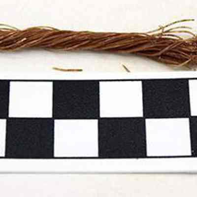 Nylon rope with scale: The image shows a small piece of brown nylon rope placed above a black-and-white checkered measurement scale labeled with "CM" for centimeters, on a white surface