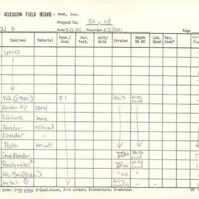 Artifact Accession Field Record-Site 121F pg 4: The image shows an artifact accession field record with columns for accession number, specimen, material, unit/grid, depth, and more, listing items like coral.