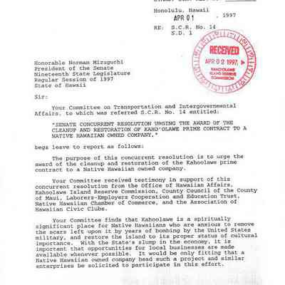 First page of report regarding SCR No. 14 SD 1: Origsize: 8.5" x 11"; Origformat: Other; Resolution: 150 dpi