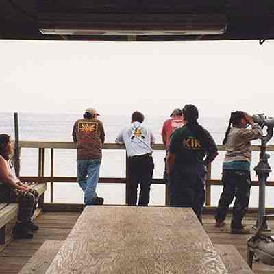Group of people on observation deck at Base Camp