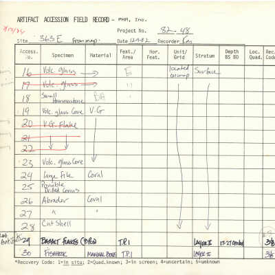 PDF/A version of Artifact Accession Field Record for Site 363 Feature E: The image shows an artifact accession field record from 1982 with various entries for volcanic glass, coral, and other materials, indicating whether items were collected.