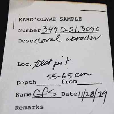 Artifact slip for a coral abrader: The image shows a sample label for "KAHO'OLAWE SAMPLE" with details: number 349-D-31.3090.