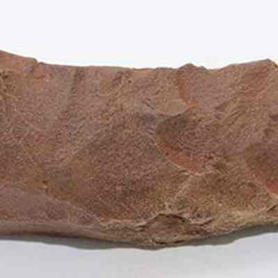 Adze blank profile: The image shows a stone featuring sharp, chipped edges and a reddish-brown surface, indicating human craftsmanship and utility.