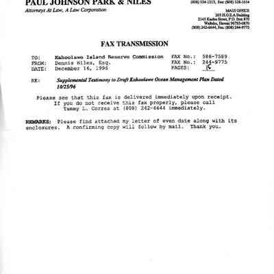 Fax tranmission to Kahoolawe Island Reserve Commission from Dennis Niles, Ewq.