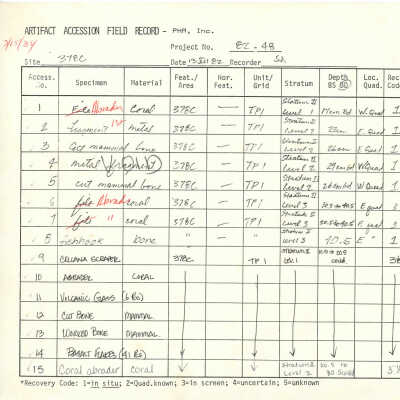 PDF version of the Artifact Accession Field Record for Site 378 Feature C: The image shows an artifact accession field record with entries for various specimens, materials, and excavation details.