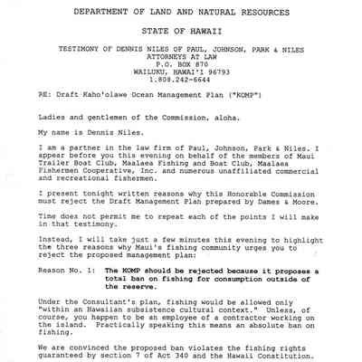 Testimony of Dennis Niles of Paul, Johnson, Park & Niles