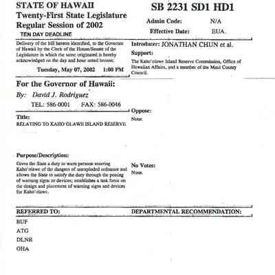 State of Hawaii, Twenty-First State Legislature, Regular session of 2002, Ten Day Dealine for SB 2231 SD1 HD1