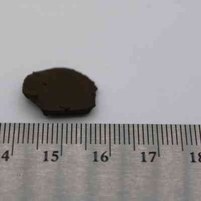 Closeup of basaltic glass flake and metal ruler: The image shows a small basaltic glass flake placed beside a ruler, illustrating its size and scale against the measuring tool.