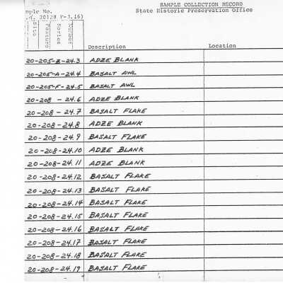Sample Collection Records for various sites on Kaho'olawe: The image displays a sample collection record from the State Historic Preservation Office with entries for adze blanks and basalt flakes, noting dates and depths.
