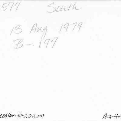Back of photo for Site 577 #19: The image shows handwritten notes including "Site 577 South," the date "13 Aug 1979," and identifiers like "B-177."