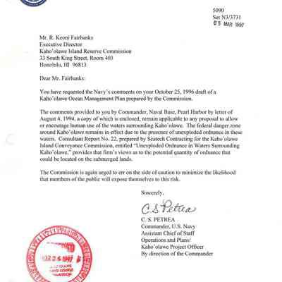 Letter to Mr. R. Keoni Fairbanks from C.S. Petrea