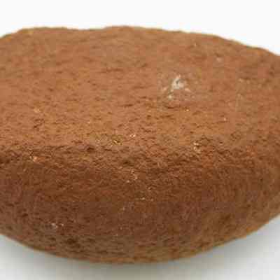Closeup view of top of basalt sinker: The image shows a rough, oval-shaped, brown stone sinker with a textured surface, used in fishing to help weigh down nets or lines.