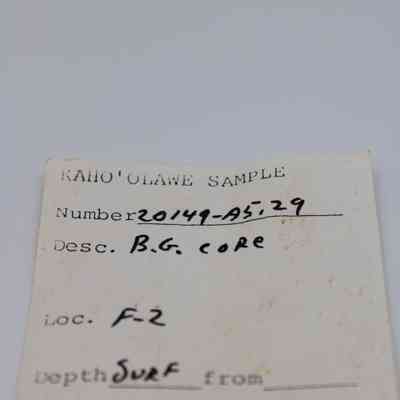 Artifact slip for basaltic glass core: The image shows a sample slip from Kaho'olawe, detailing artifact information such as number, description, location, and date.