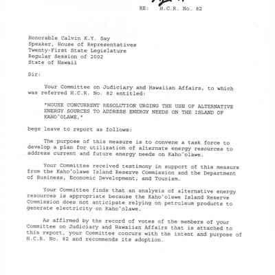 Standing Committee Report No. 1268-02 re: H.C.R. 82, "House Concurrent Resolution Urging the Use of Alternative Energy Sources to Address Energy Needs on the Island of Kaho'olawe."