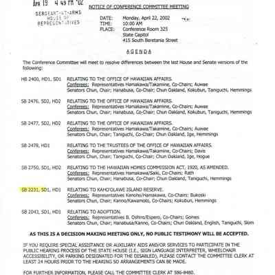 Notice of Conference Committee Meeting for Monday, April 22, 2002