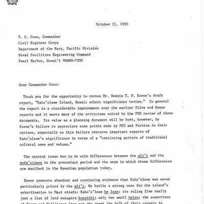 Bishop Museum letter regarding "Kaho'olawe Island, Hawaii ethnic significance review"