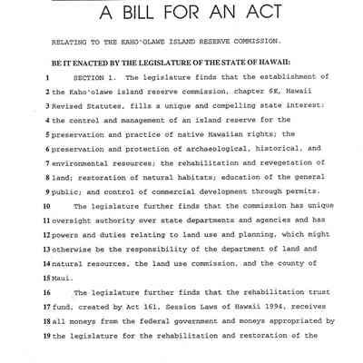 A Bill for an Act Relating to The Kaho'olawe Island Reserve Commission