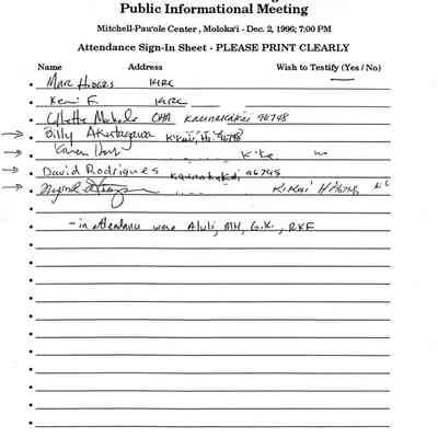 Draft Kaho'olawe Ocean Management Plan Public Informational Meeting Attendance Sign-In Sheet, 12/2/96
